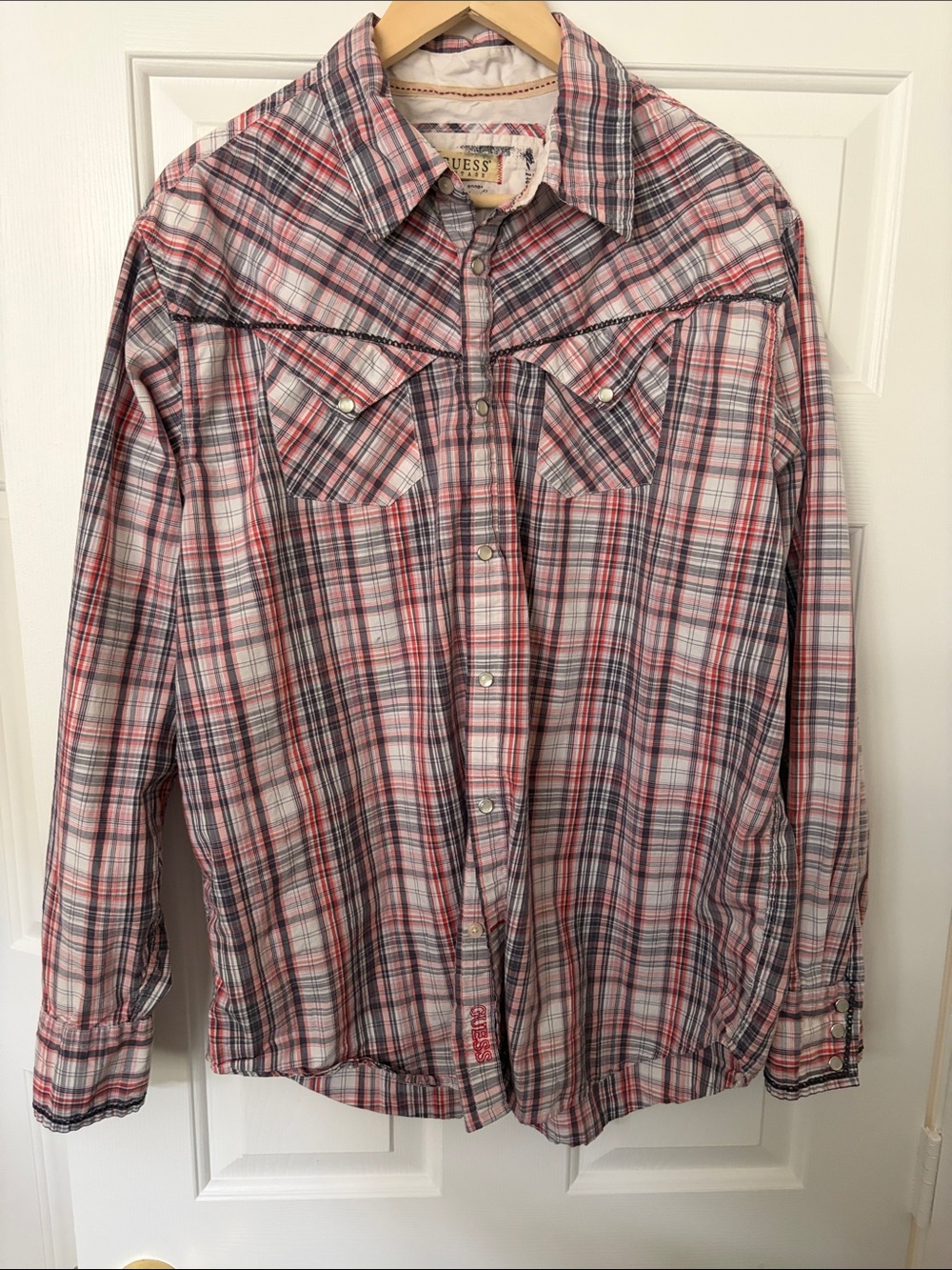 Guess Pink and Gray Plaid Western Shirt Button Down Shirt